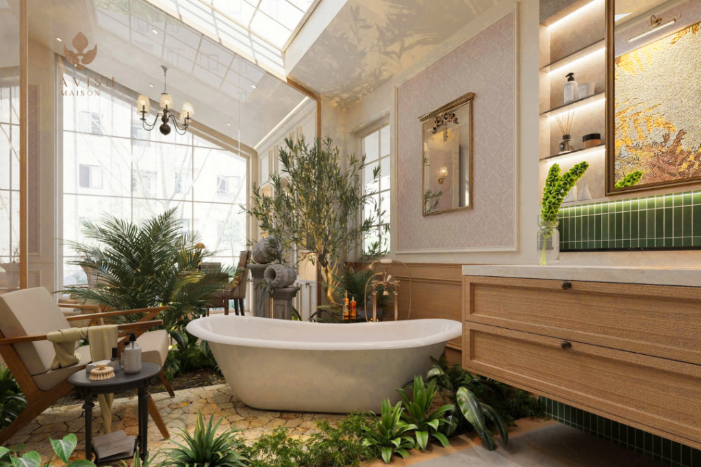 Phòng tắm Transitional Farmhouse với bồn tắm độc lập, ánh sáng tự nhiên và cây xanh trang trí